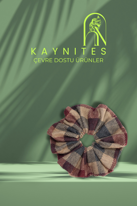 Elysian Threads: Ecochic Luxe Grande Oversized Scrunchie - Spunned Cotton with Elastane Caramel Burgundy Dark Gray Plaid