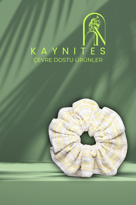 Elysian Threads: Ecochic Luxe Grande Oversized Scrunchie - White and Yellow Striped Cotton Boucle Tweed